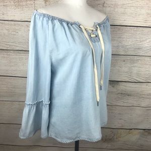 Sanctuary lace up Emma chambray wide elastic neck off shoulder top